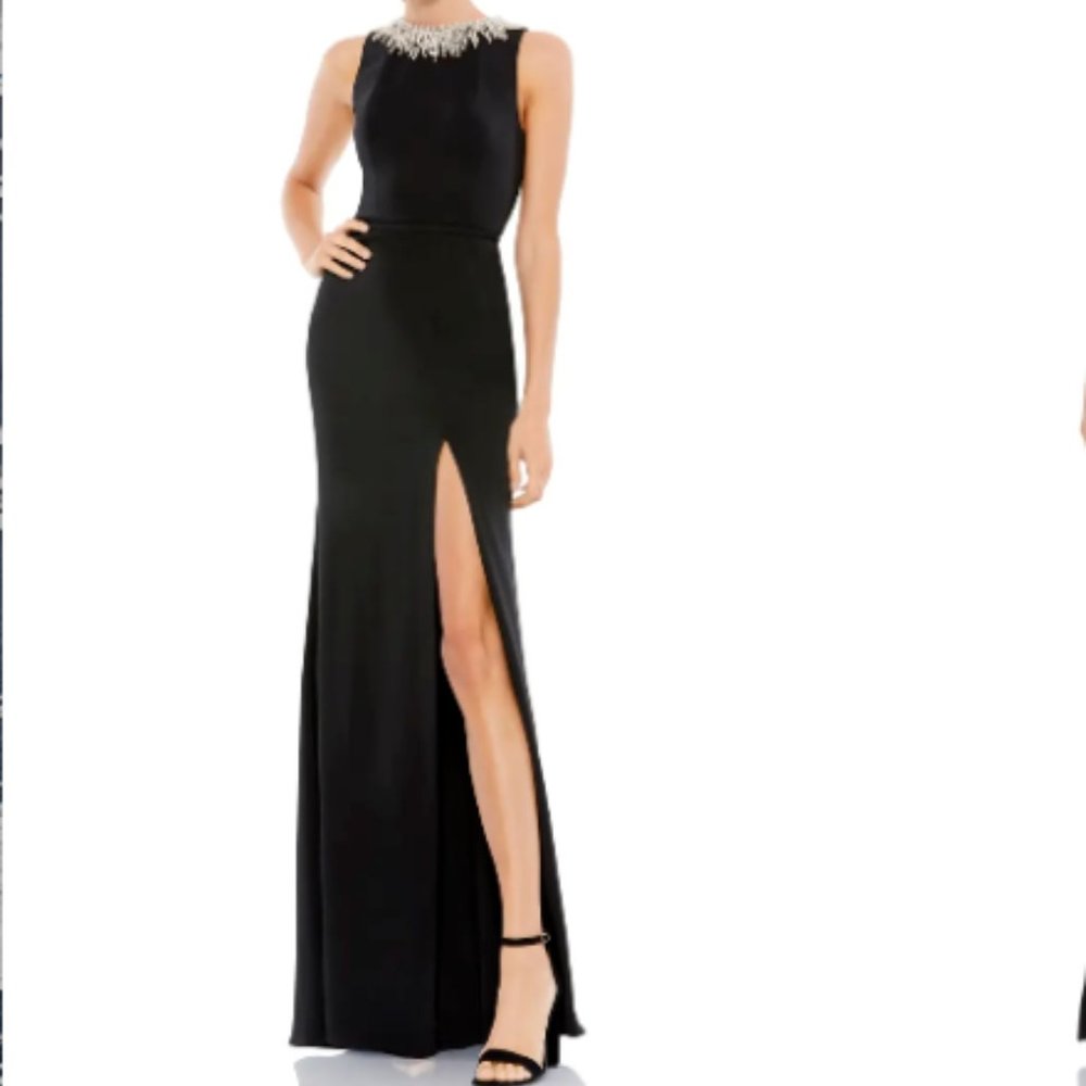 MAC DUGGAL BEADED COLLAR THIGH SLIT BLACK COLUMN GOWN sz 10